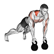 ภาพเคลื่อนไหวสาธิตท่า Kettlebell Alternating Renegade Row เน้นกล้ามเนื้อหลังส่วนบน