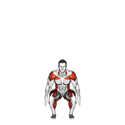 ภาพเคลื่อนไหวสาธิตท่า Squat To Overhead Reach With Twist เน้นกล้ามเนื้อต้นขาด้านหน้า (ควอดส์)